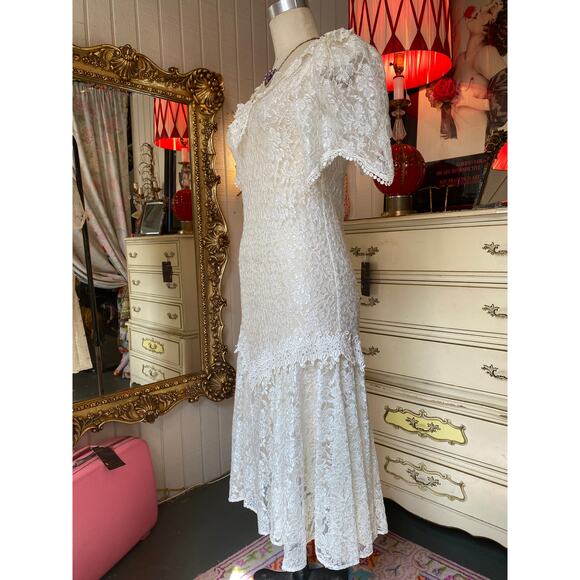 vintage 1980s sheer lace mermaid hem dress with flutter sleeves small wedding - Picture 6 of 10